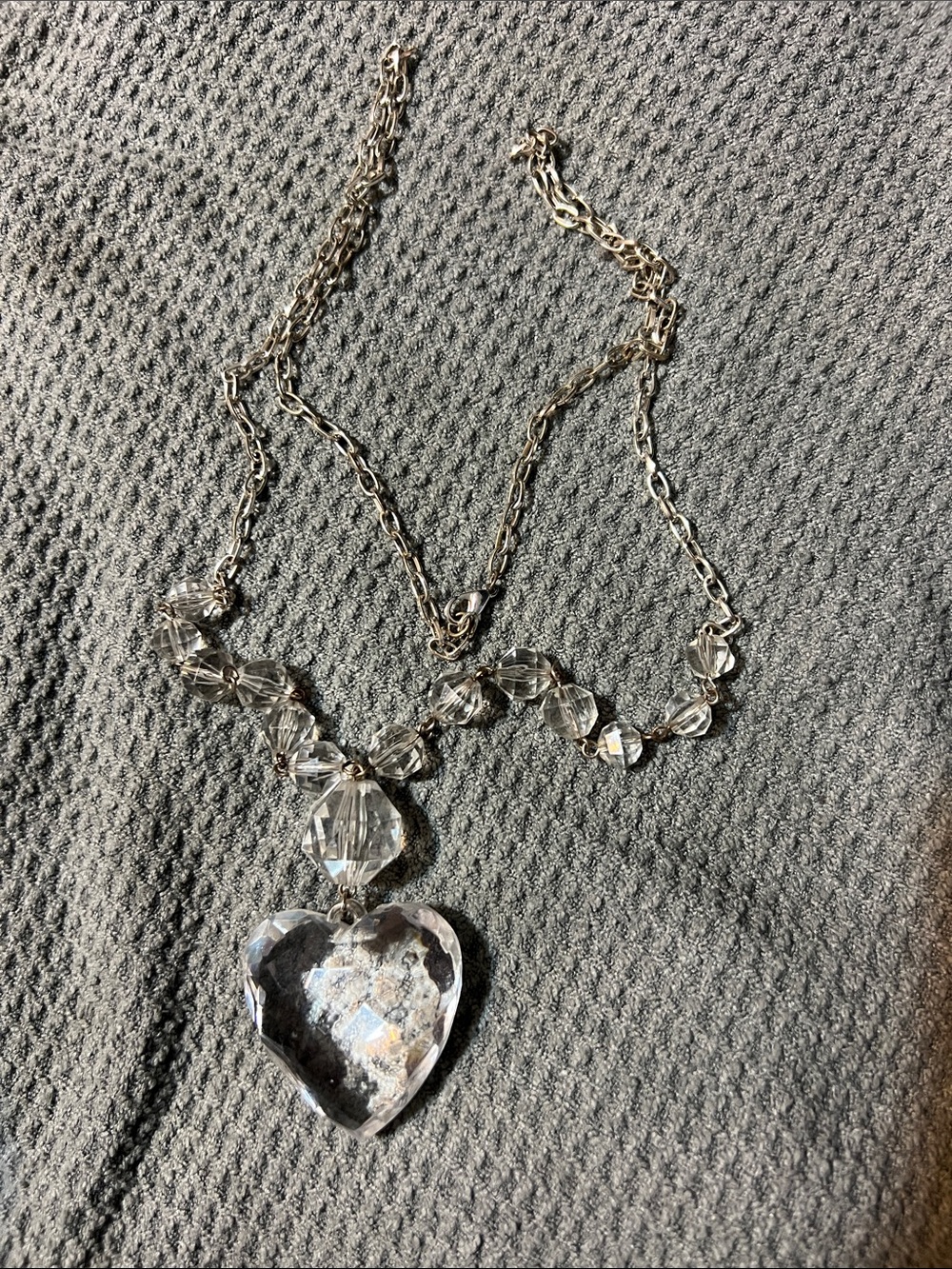 Vintage Long Crystal Heart Pendant Necklace - Clear Silver-Tone